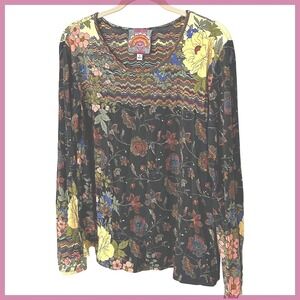 Johnny Was Floral Print Long Sleeve Top Floral Multicolor Bohemian Bamboo Sz. M
